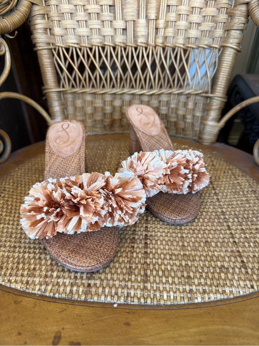 Sam Edelman Tan and Cream Raffia Pom-Pom Slide Mules